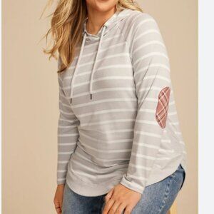 Maurices Gray Striped Women's Hoodie with Plaid Elbow Patches